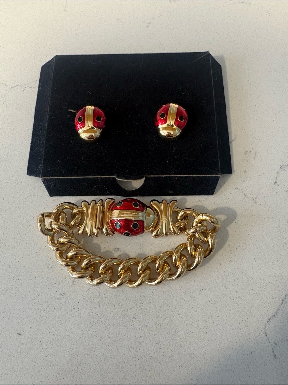 Joan Rivers Gold-Tone Red Enamel Ladybug Bracelet and Earrings Set